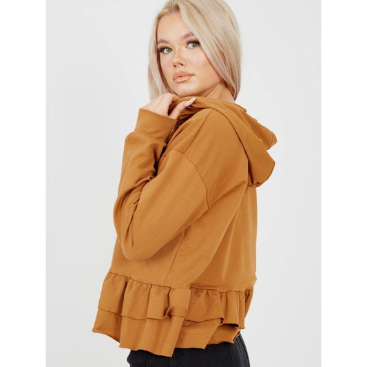 Camel Frill Hoodie with Layered Hem and Drawstring Design