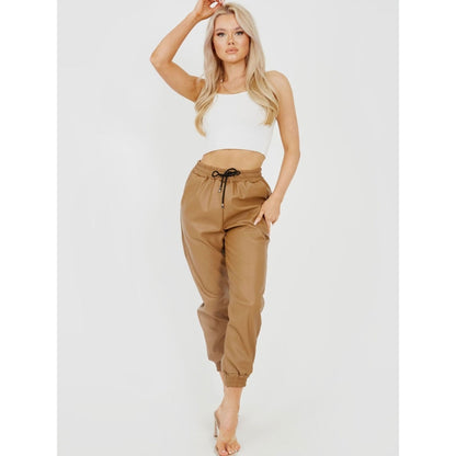 Faux Leather PU Joggers - Camel with Elastic Waistband