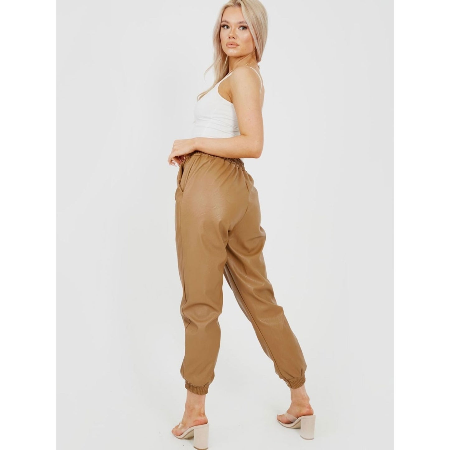 Faux Leather PU Joggers - Camel with Elastic Waistband