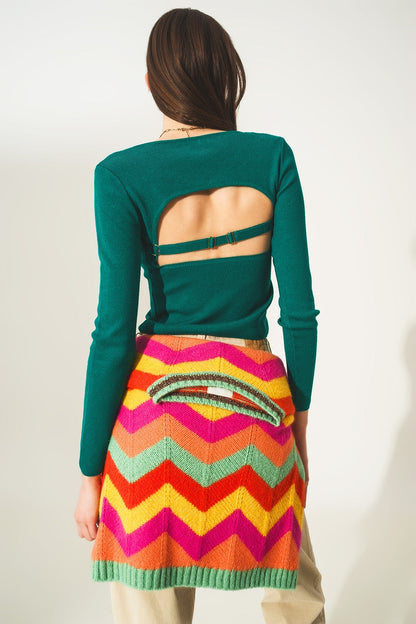 Open Back Jumper in Green - Cropped Casual Knit Sweater