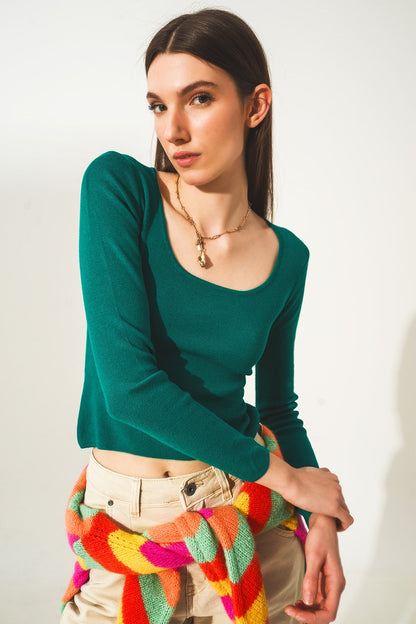 Open Back Jumper in Green - Cropped Casual Knit Sweater