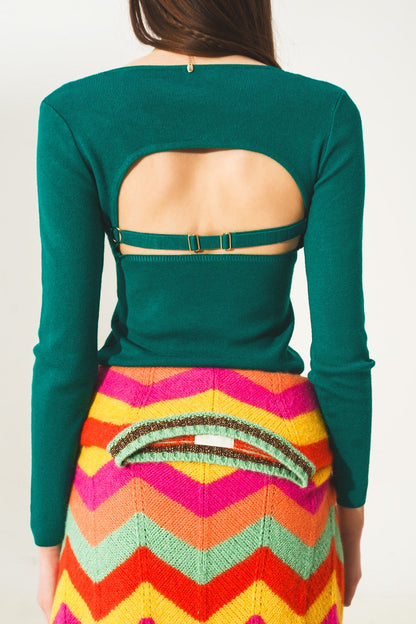 Open Back Jumper in Green - Cropped Casual Knit Sweater