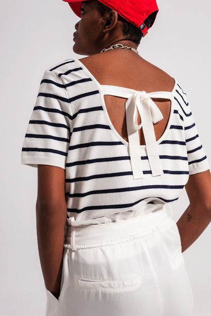 Open Back Lace Up Stripes Jumper in Navy for Casual Chic