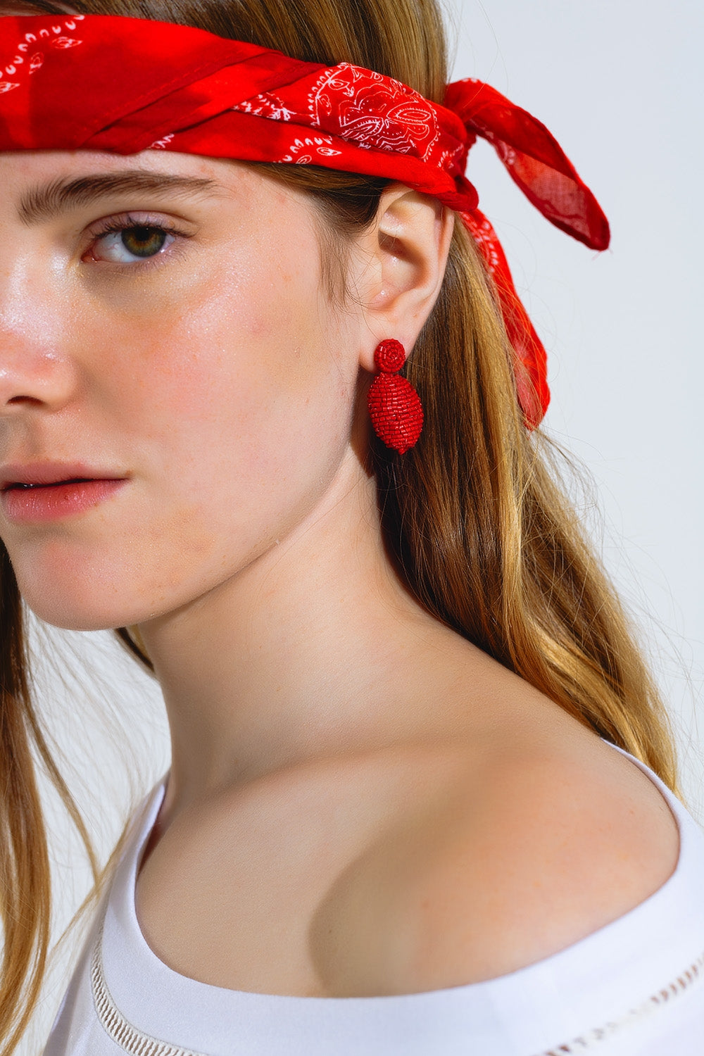 Oval Shape Beaded Earrings in Red for Boho Style