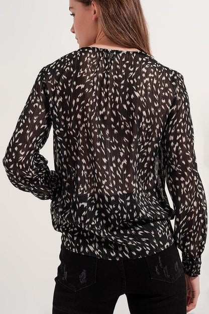 Printed Sheer Long Sleeve Blouse with Geo Print Design