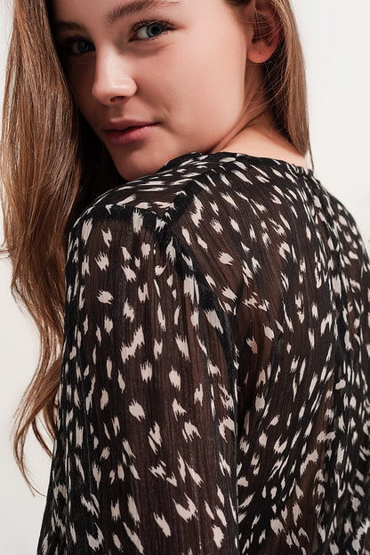 Printed Sheer Long Sleeve Blouse with Geo Print Design