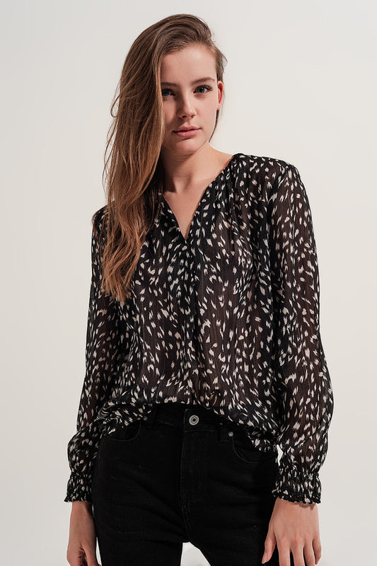 Printed Sheer Long Sleeve Blouse with Geo Print Design