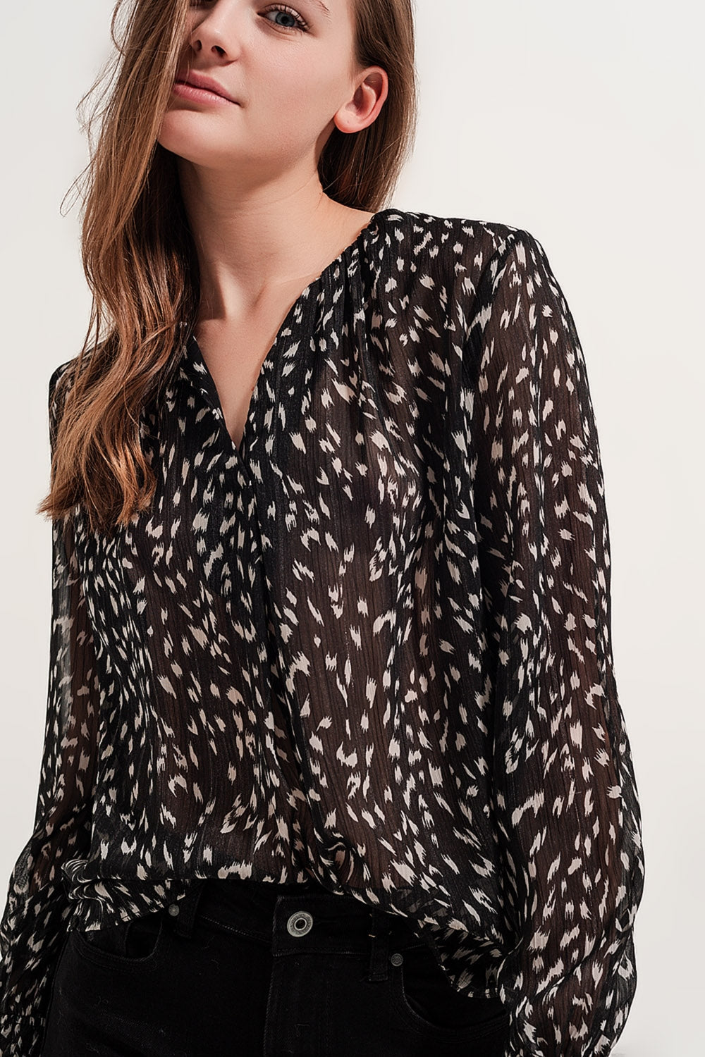 Printed Sheer Long Sleeve Blouse with Geo Print Design