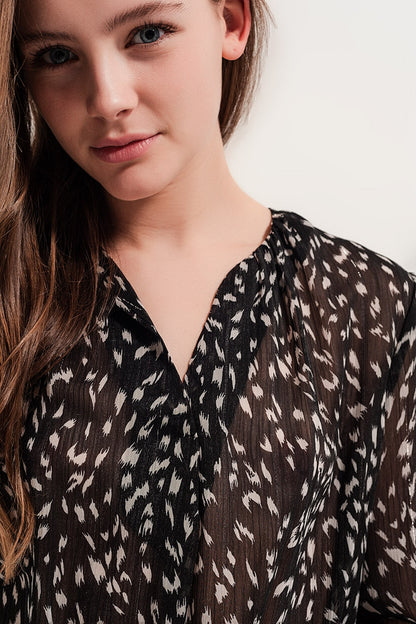 Printed Sheer Long Sleeve Blouse with Geo Print Design