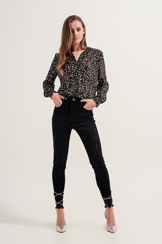 Printed Sheer Long Sleeve Blouse with Geo Print Design