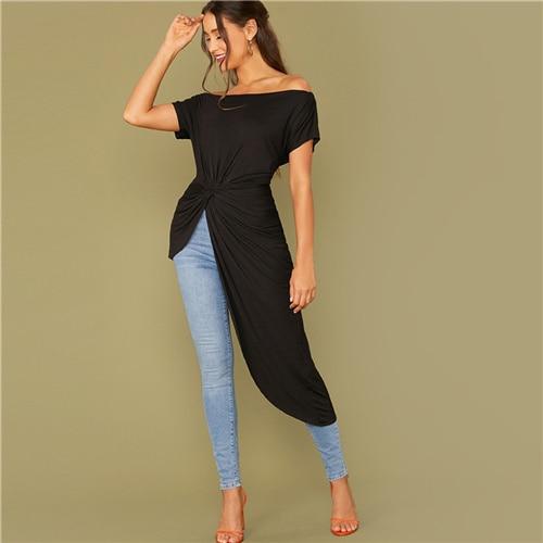 Black Off Shoulder Twist Front Asymmetrical Bardot Top