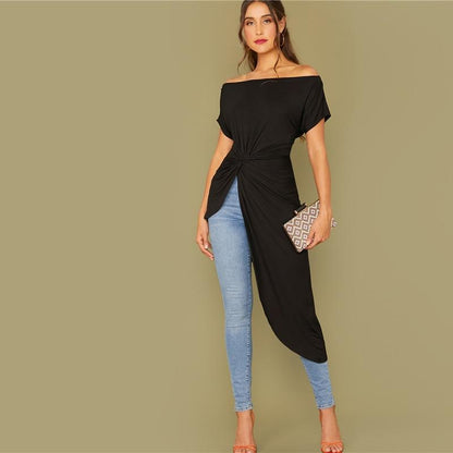 Black Off Shoulder Twist Front Asymmetrical Bardot Top