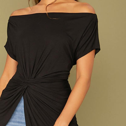 Black Off Shoulder Twist Front Asymmetrical Bardot Top