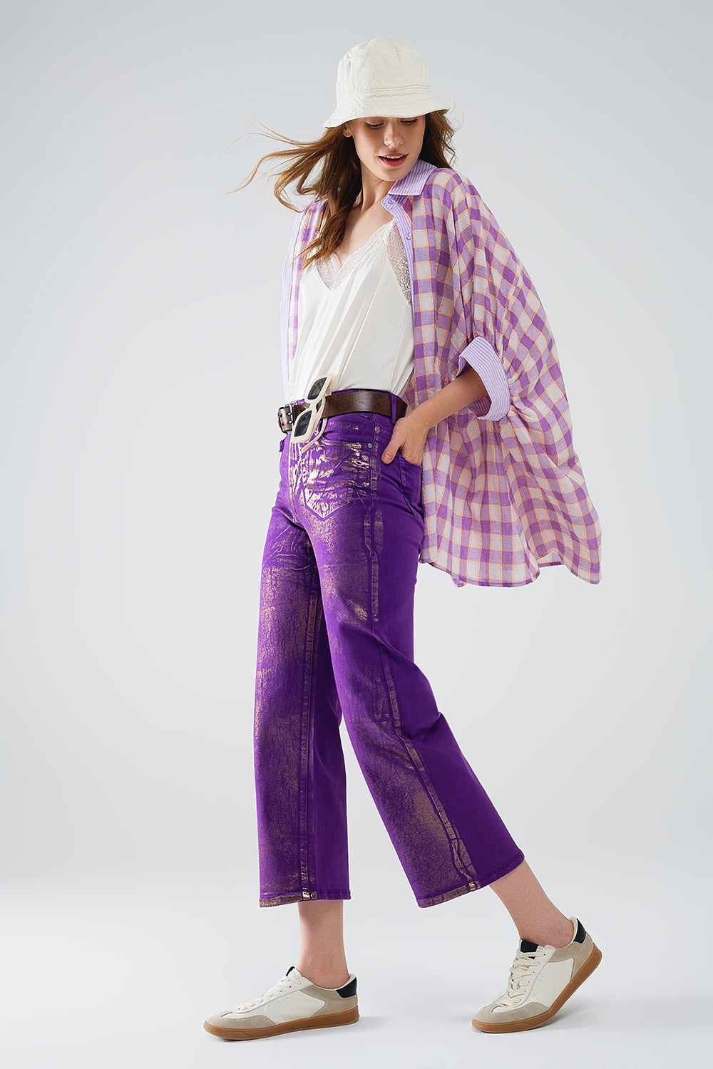 Purple Wide Leg Jeans With Gold Metallic Finish