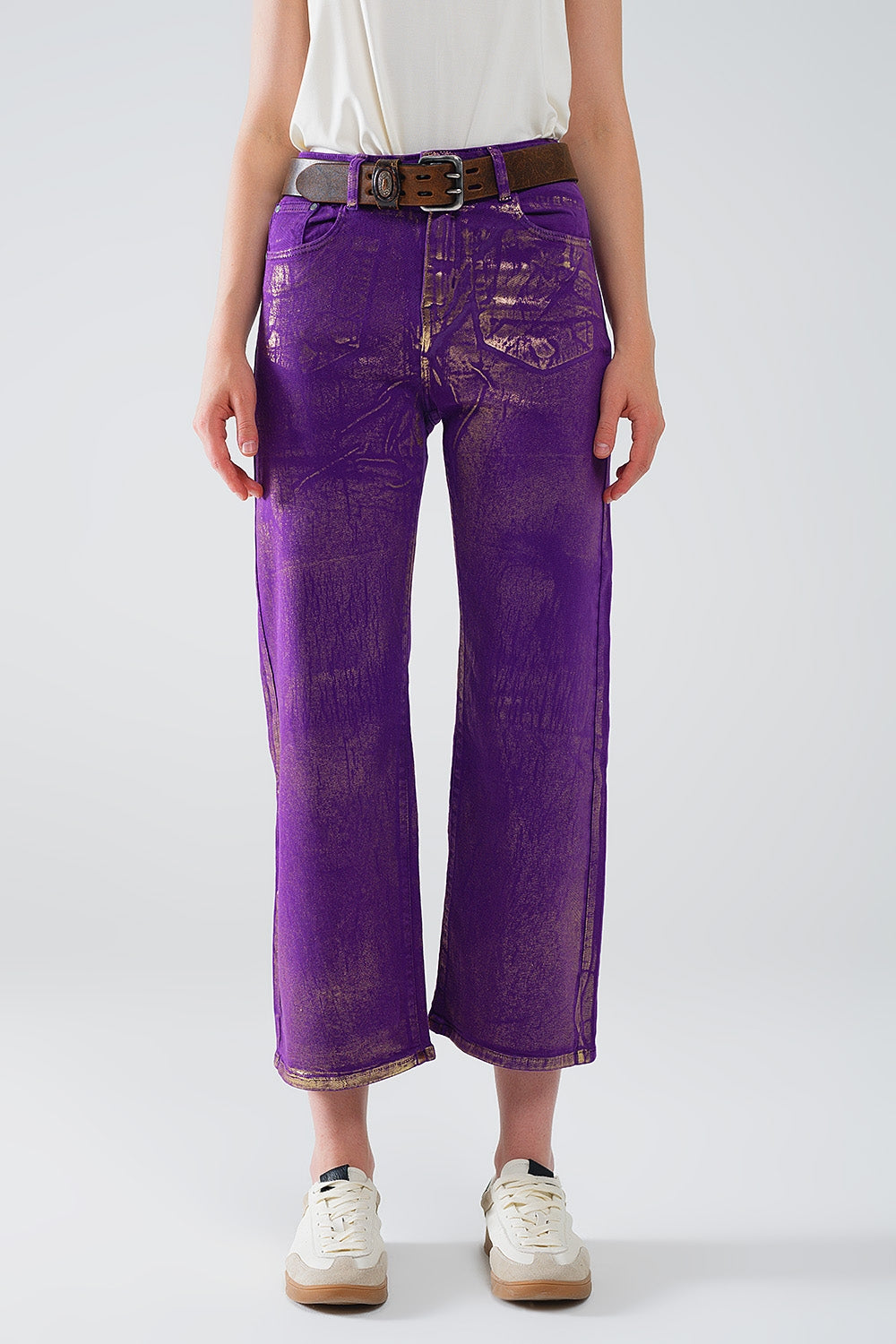 Purple Wide Leg Jeans With Gold Metallic Finish