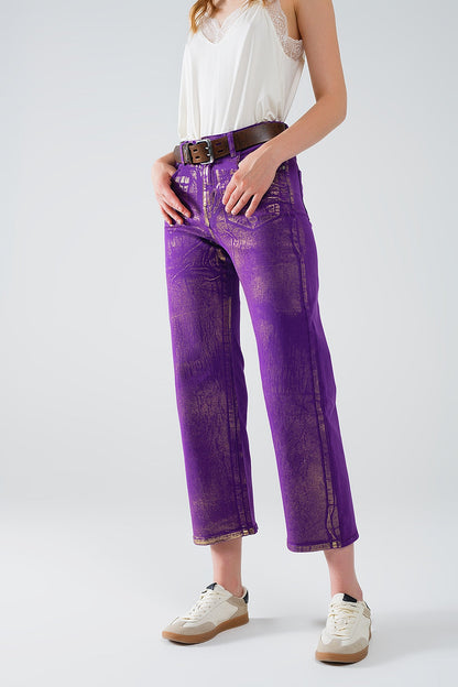 Purple Wide Leg Jeans With Gold Metallic Finish