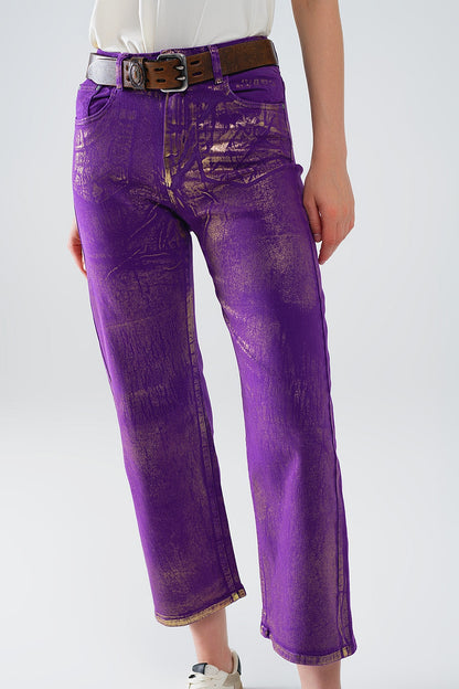 Purple Wide Leg Jeans With Gold Metallic Finish