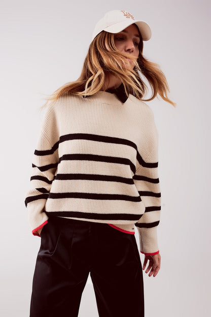 Relaxed Jumper in Stripe Pattern in Beige for Everyday Comfort