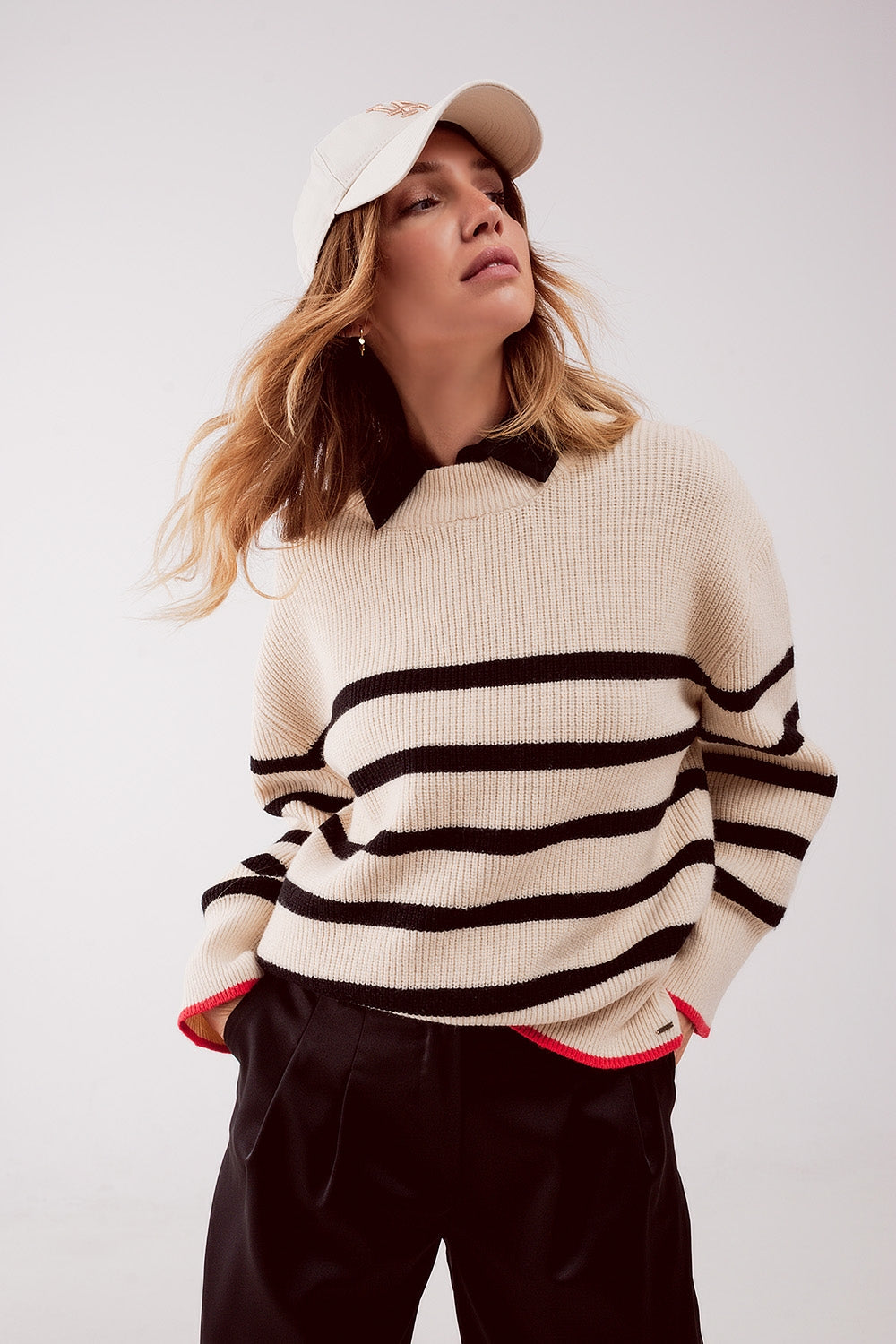 Relaxed Jumper in Stripe Pattern in Beige for Everyday Comfort