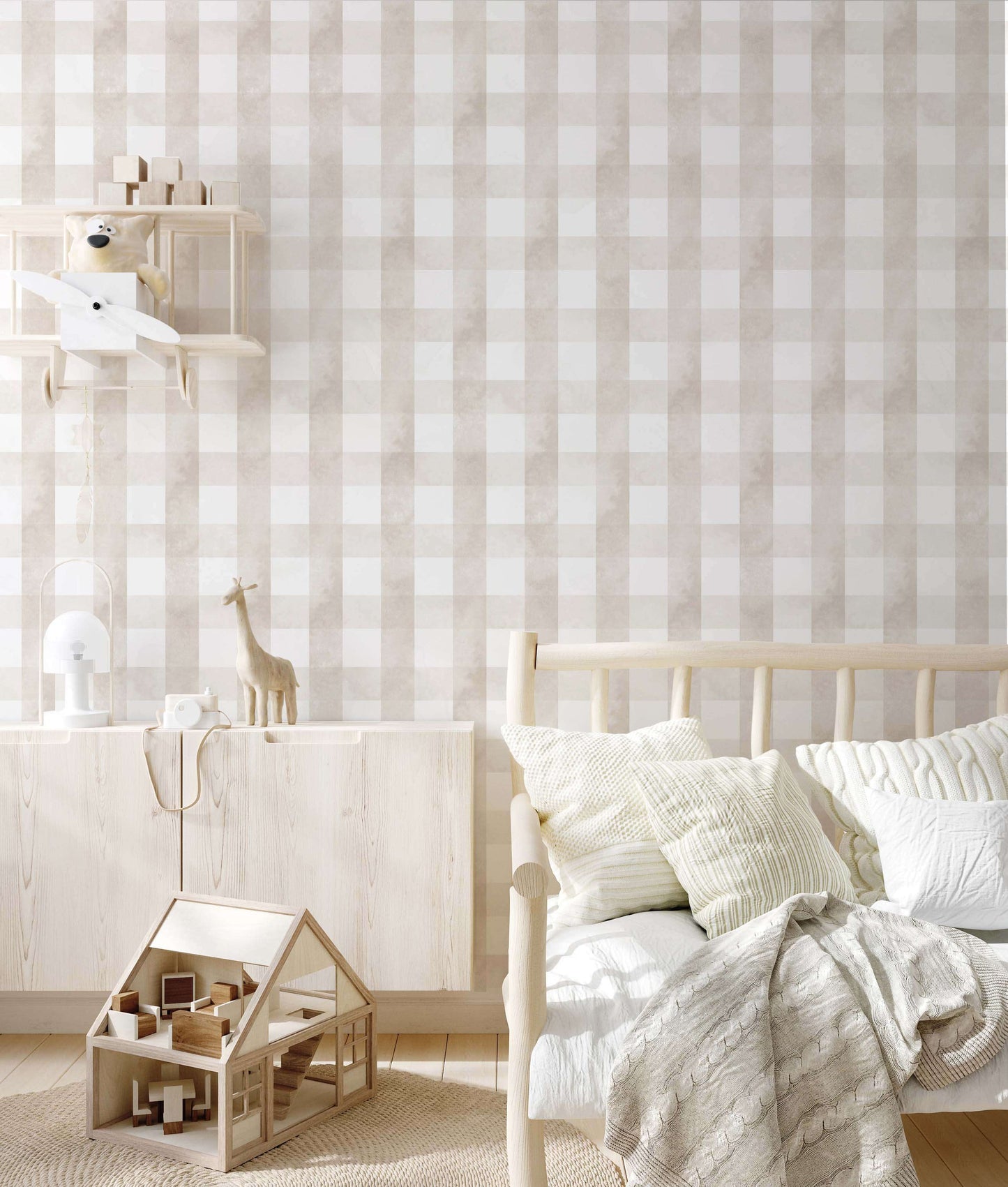 Beige Gingham Wallpaper for Elegant Children's Rooms