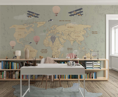 Beige world explorer map mural