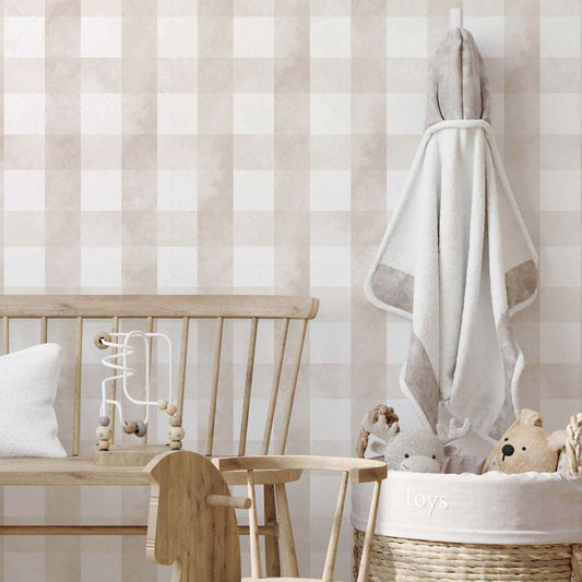 Beige Gingham Wallpaper for Elegant Children's Rooms