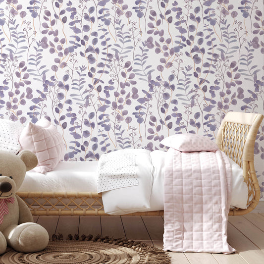 Lilac Leaves Wallpaper for Cozy Nursery or Bathroom Decor