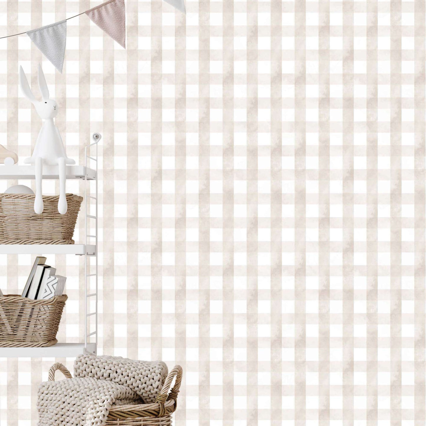 Beige Gingham Wallpaper for Elegant Children's Rooms