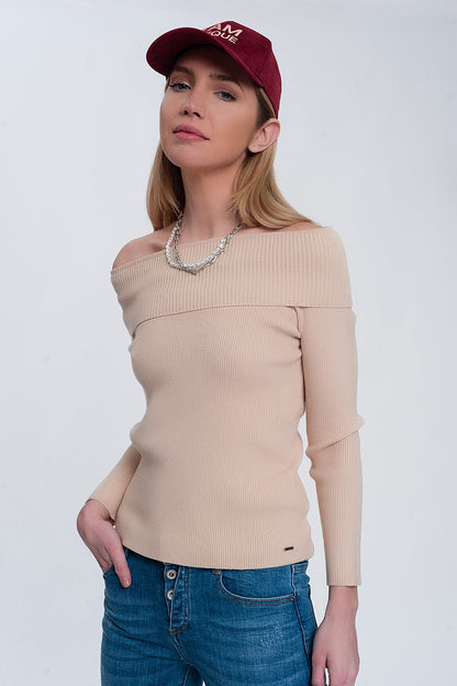 Rib Bardot Jumper in Beige for Effortless Chic Style