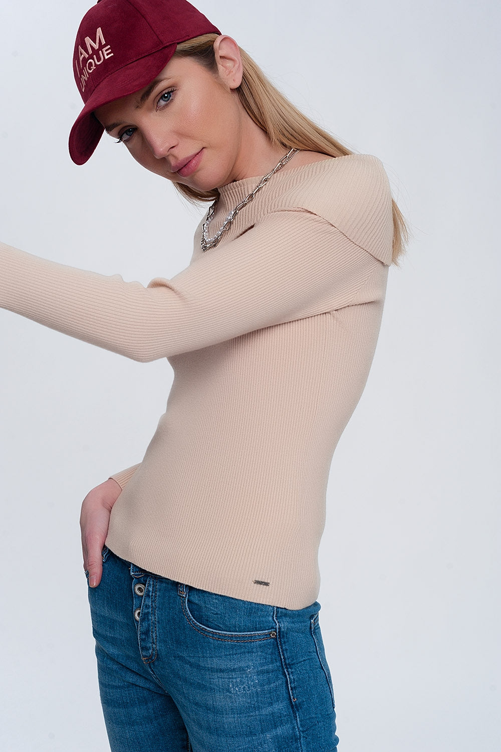 Rib Bardot Jumper in Beige for Effortless Chic Style