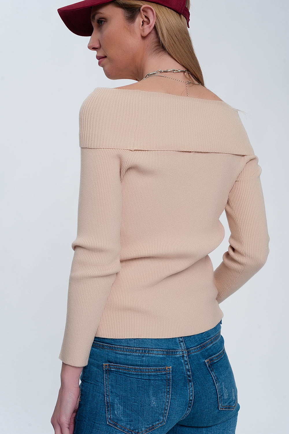 Rib Bardot Jumper in Beige for Effortless Chic Style