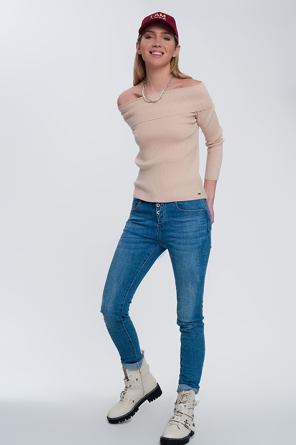 Rib Bardot Jumper in Beige for Effortless Chic Style