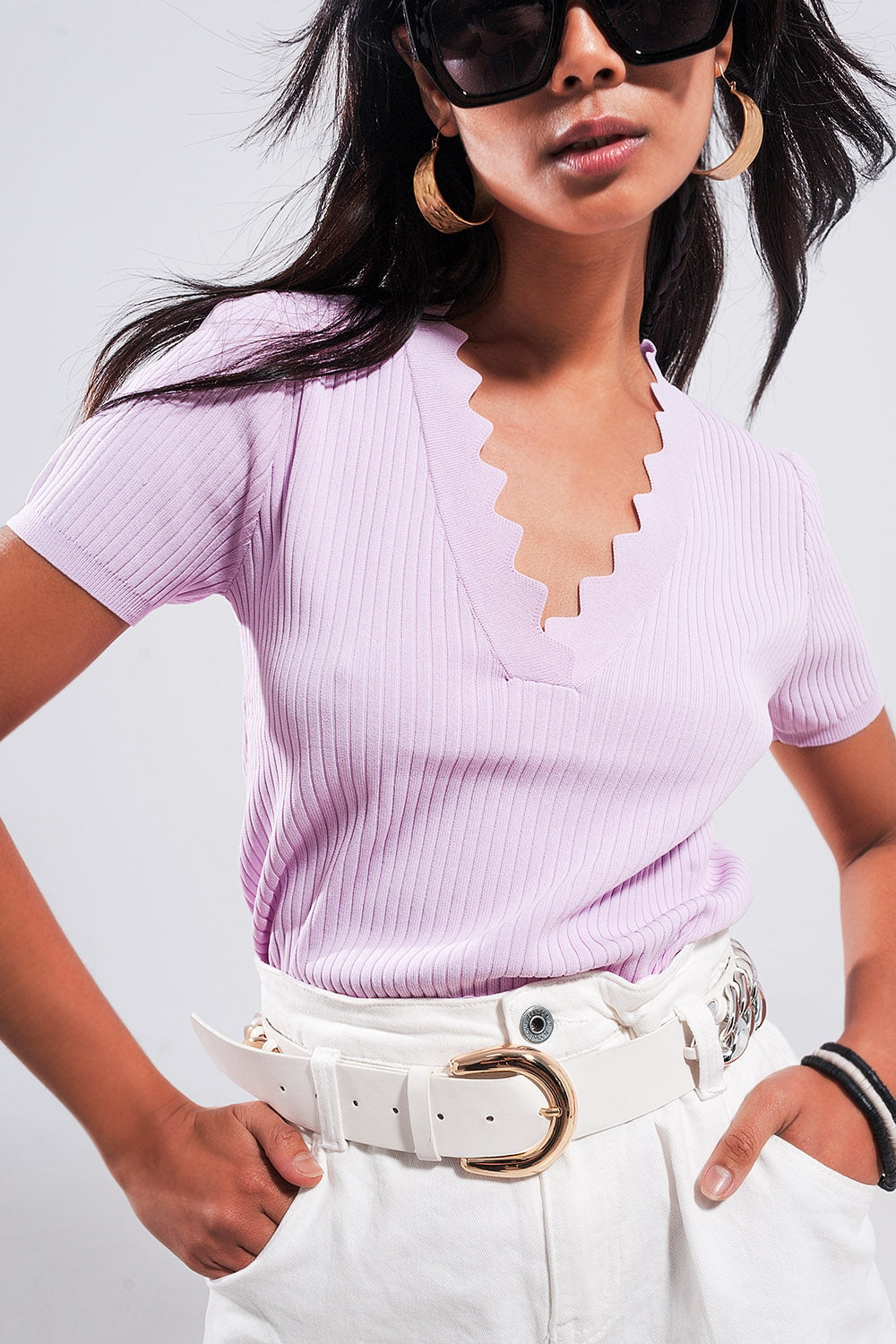 Ribbed V Neck Jumper in Lilac with Romantic Lettuce Trim