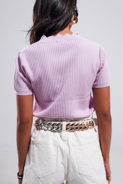 Ribbed V Neck Jumper in Lilac with Romantic Lettuce Trim