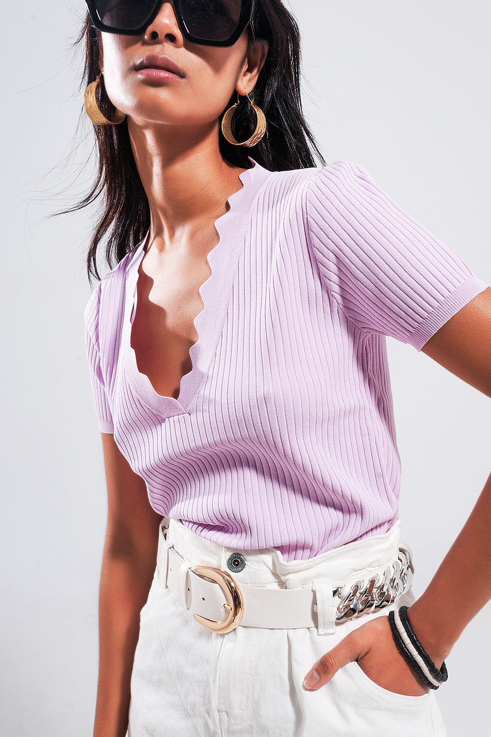 Ribbed V Neck Jumper in Lilac with Romantic Lettuce Trim