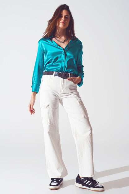 Satin Shirt With Split Cuff in Turquoise for Effortless Elegance