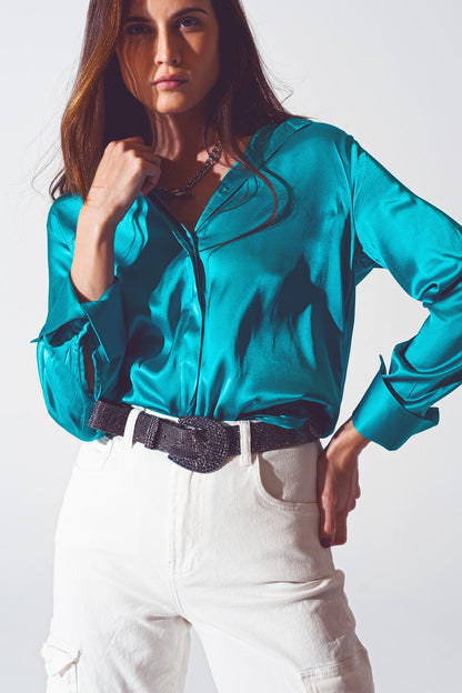 Satin Shirt With Split Cuff in Turquoise for Effortless Elegance