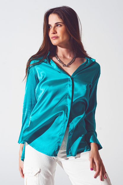 Satin Shirt With Split Cuff in Turquoise for Effortless Elegance