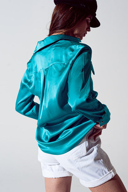 Satin Shirt With Split Cuff in Turquoise for Effortless Elegance