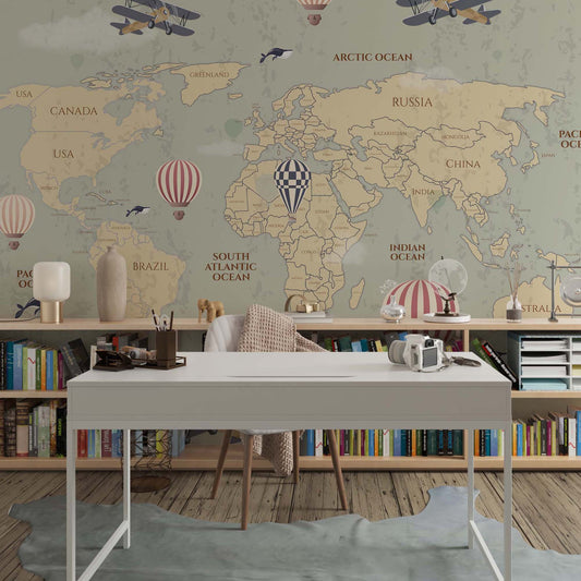 Beige World Explorer Map Mural for Kids Room Decor