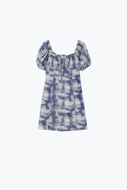 Short Dress With Puff Sleeves in Abstract Blue Print