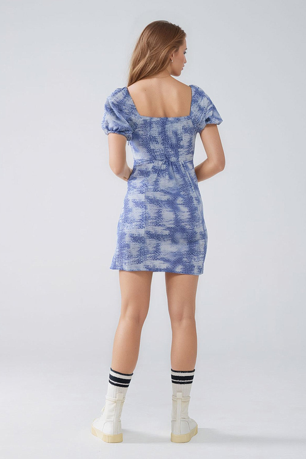 Short Dress With Puff Sleeves in Abstract Blue Print