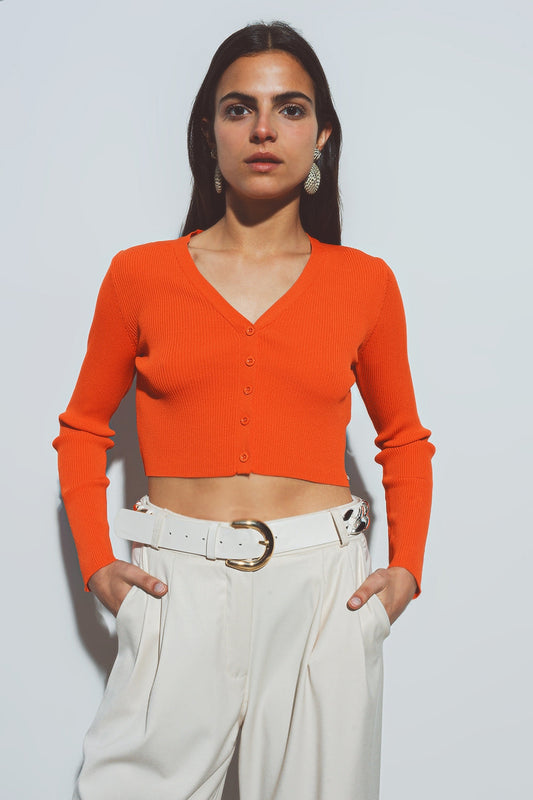 Short Ribbed Cardigan in Orange with V-Neck and Long Sleeves