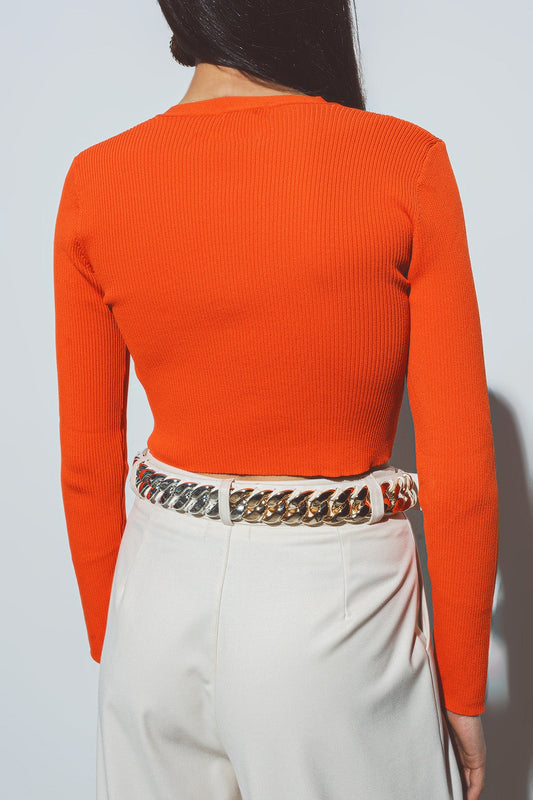 Short Ribbed Cardigan in Orange with V-Neck and Long Sleeves