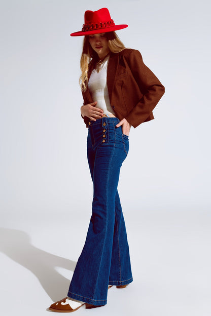 Skinny Flared Jeans in Dark Blue With Button Detail Style