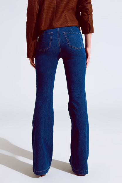 Skinny Flared Jeans in Dark Blue With Button Detail Style