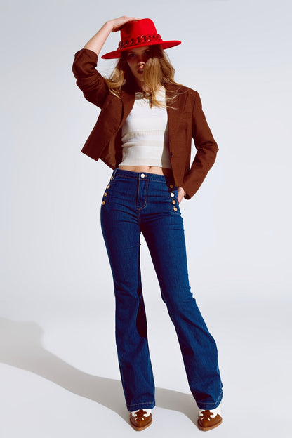 Skinny Flared Jeans in Dark Blue With Button Detail Style