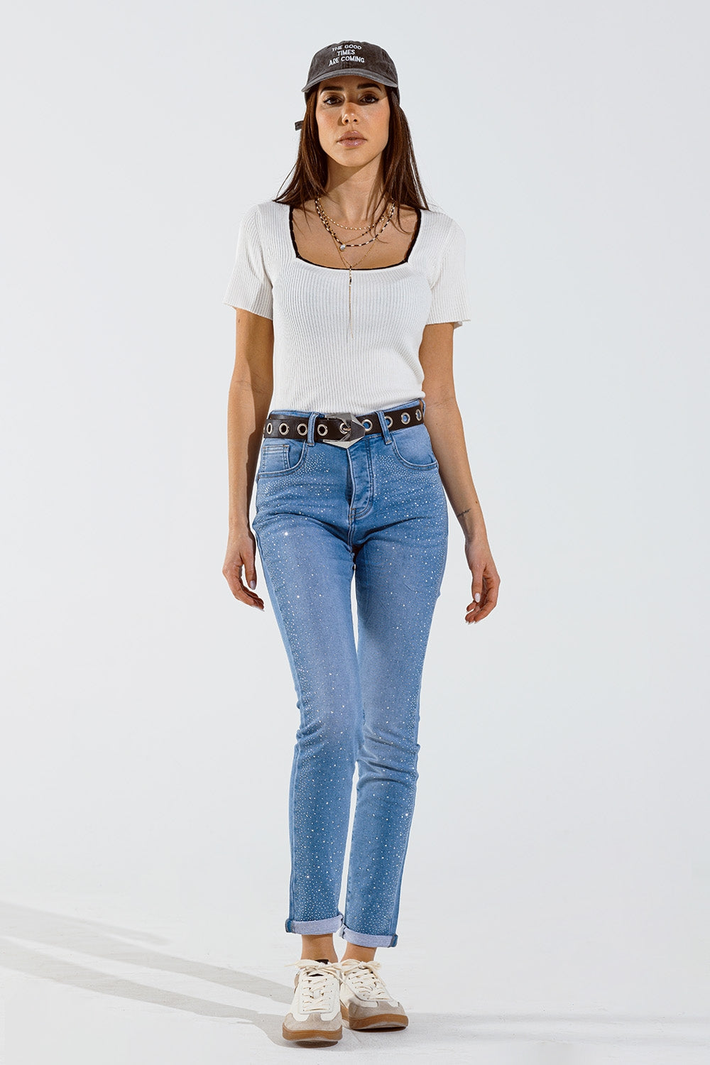 Skinny Jeans in Washed Blue With Strass for Stunning Style