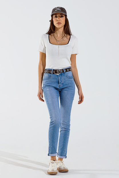 Skinny Jeans in Washed Blue With Strass for Stunning Style