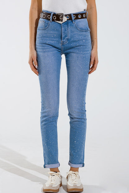 Skinny Jeans in Washed Blue With Strass for Stunning Style